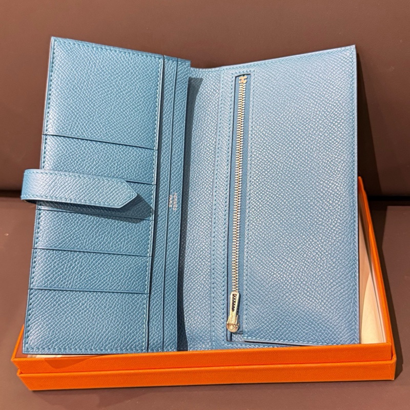 愛馬仕 Hermes bearn長款錢包 框O刻 epsom皮 藍色 金扣-4