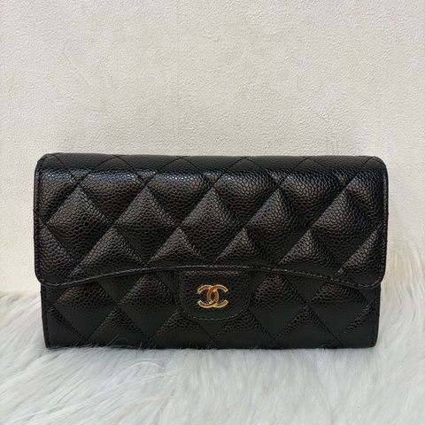 CHANEL A31506 黑 荔枝皮 金釦 零錢 COCO 發財 長夾 皮夾