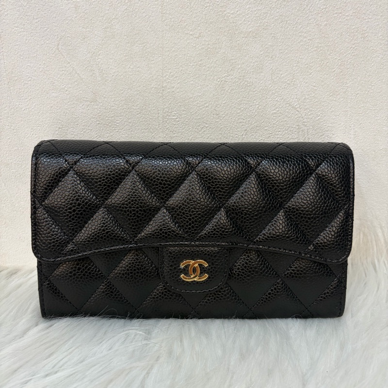 CHANEL A31506 黑 荔枝皮 金釦 零錢 COCO 發財 長夾 皮夾-0