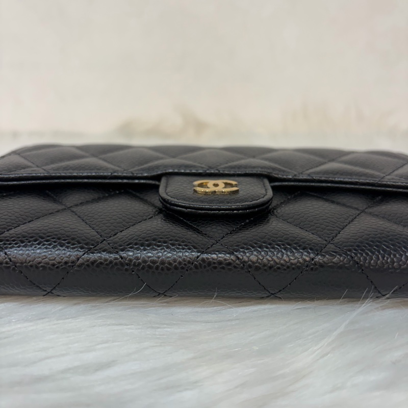 CHANEL A31506 黑 荔枝皮 金釦 零錢 COCO 發財 長夾 皮夾-4