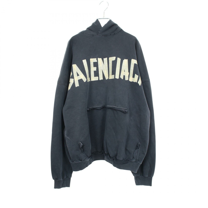 BALENCIAGA 破洞口袋連帽衫（做舊款）744190 棉 黑色 二手 男女通用-0