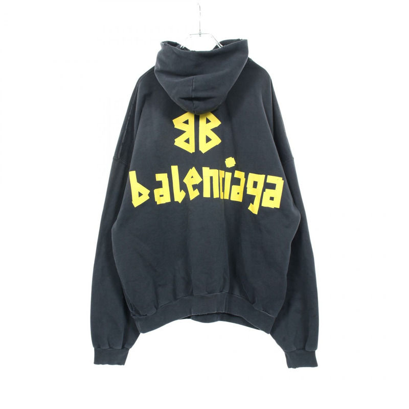 BALENCIAGA 破洞口袋連帽衫（做舊款）744190 棉 黑色 二手 男女通用-1