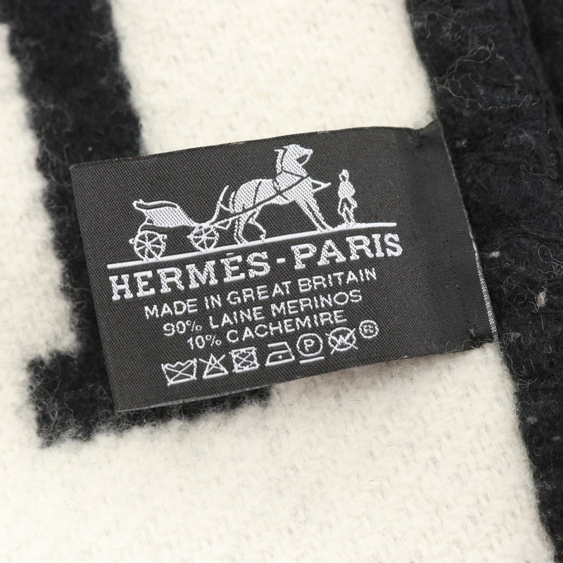 愛馬仕 (HERMES) 格紋 Avalon 3 羊毛羊絨毯，黑色/米色，二手，男女通用-1
