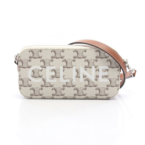 CELINE Triomphe Horizontal Pouch 單肩包，帆布皮革，白色/棕色，二手