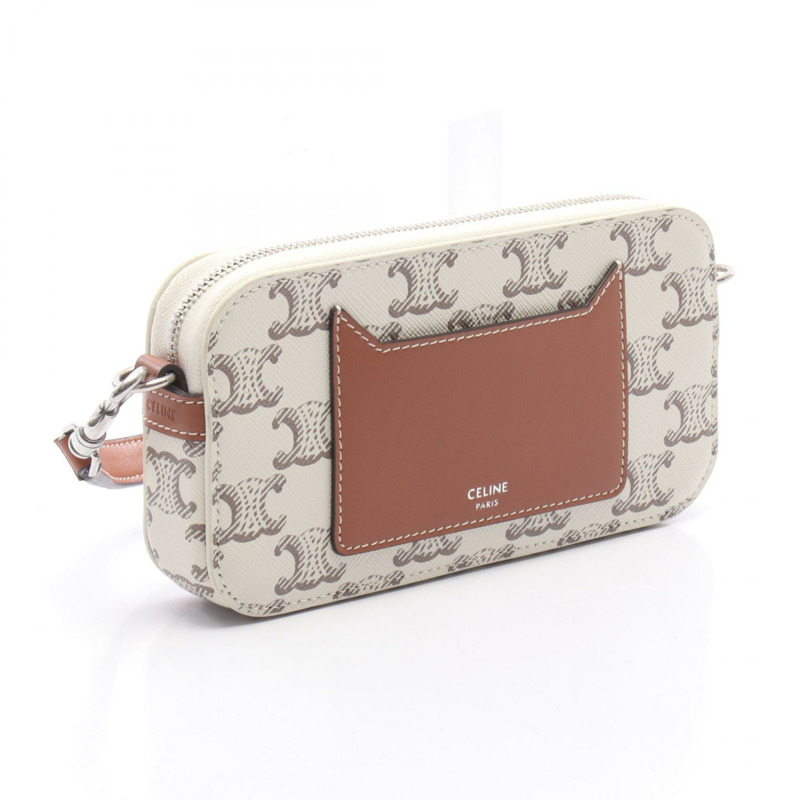 CELINE Triomphe Horizontal Pouch 單肩包，帆布皮革，白色/棕色，二手-1