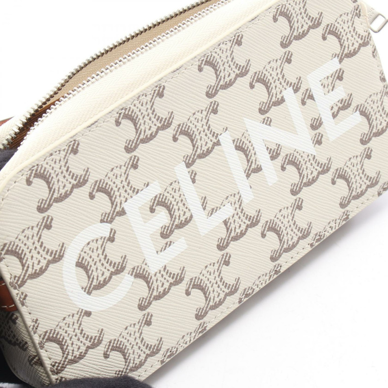 CELINE Triomphe Horizontal Pouch 單肩包，帆布皮革，白色/棕色，二手-4