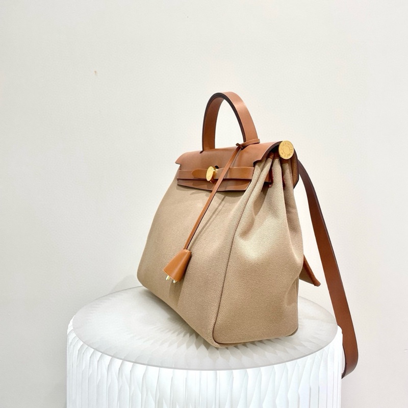 Hermes 愛馬仕herbag31 焦糖拼奶咖色🧋u刻金扣帆布-2