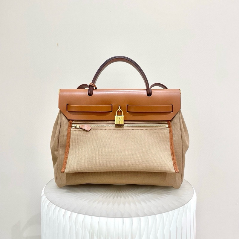 Hermes 愛馬仕herbag31 焦糖拼奶咖色🧋u刻金扣帆布-3