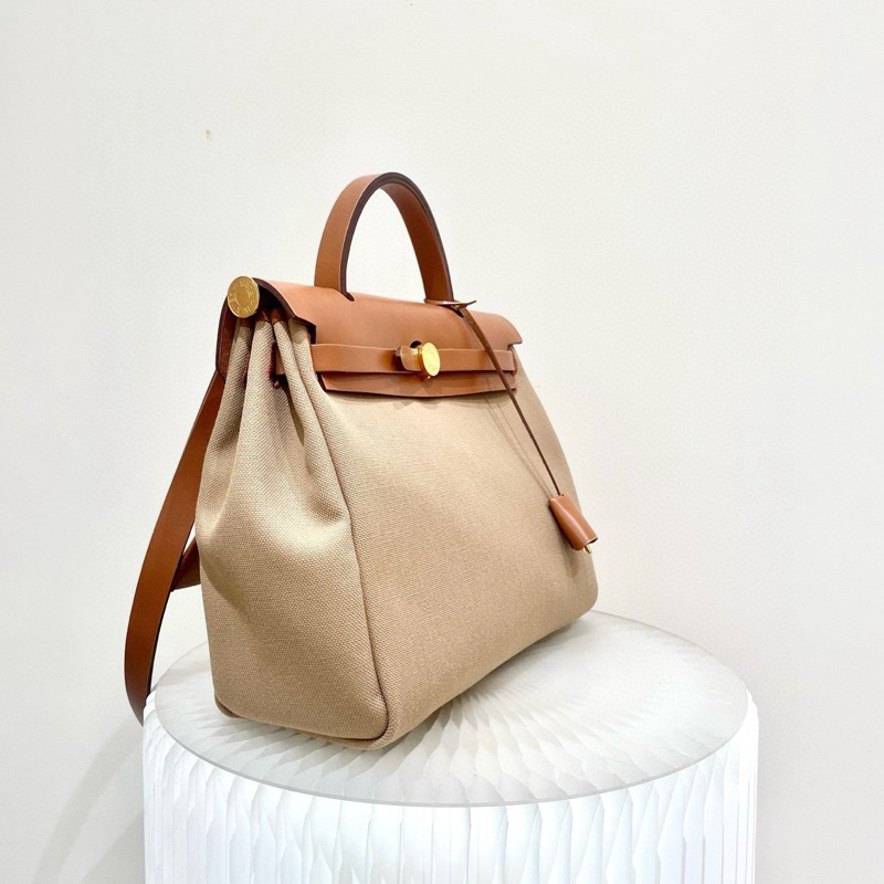 Hermes 愛馬仕herbag31 焦糖拼奶咖色🧋u刻金扣帆布-4