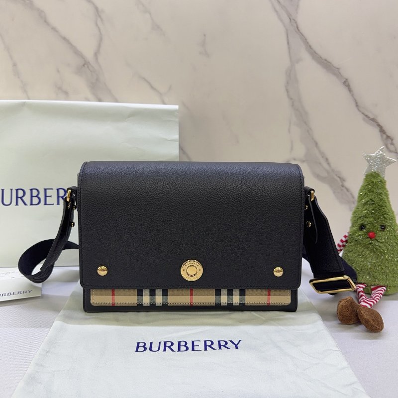 BURBERRY 小牛皮拚帆布格紋翻蓋斜背包-0