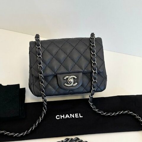 近新品 香奈兒/Chanel CF方胖子 荔枝皮 黑色銀扣鏈條包