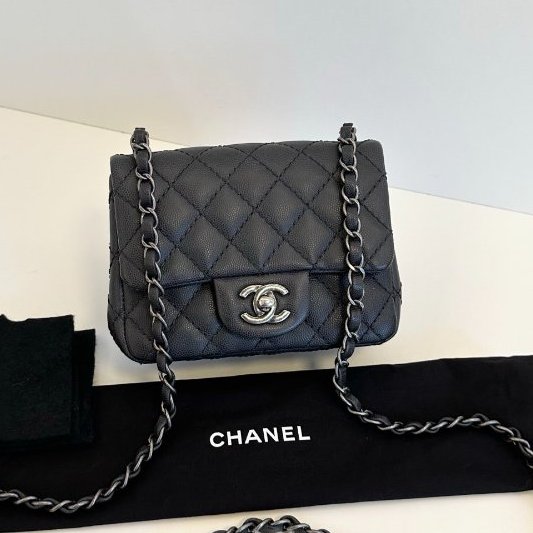 近新品 香奈兒/Chanel CF方胖子 荔枝皮 黑色銀扣鏈條包-0
