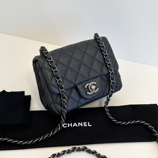 近新品 香奈兒/Chanel CF方胖子 荔枝皮 黑色銀扣鏈條包-2