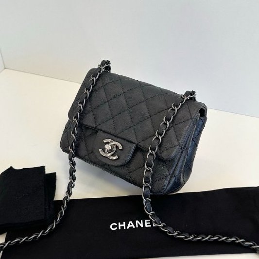 近新品 香奈兒/Chanel CF方胖子 荔枝皮 黑色銀扣鏈條包-3