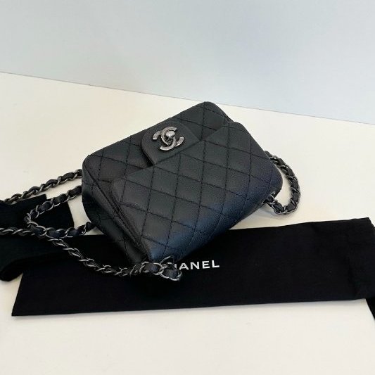 近新品 香奈兒/Chanel CF方胖子 荔枝皮 黑色銀扣鏈條包-4