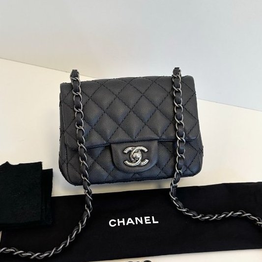 近新品 香奈兒/Chanel CF方胖子 荔枝皮 黑色銀扣鏈條包-5