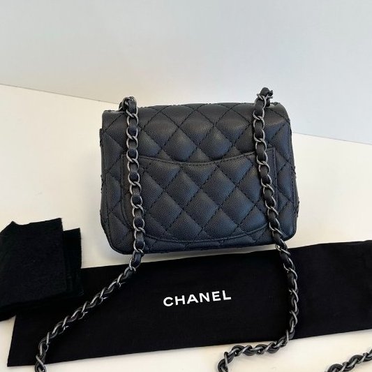 近新品 香奈兒/Chanel CF方胖子 荔枝皮 黑色銀扣鏈條包-6
