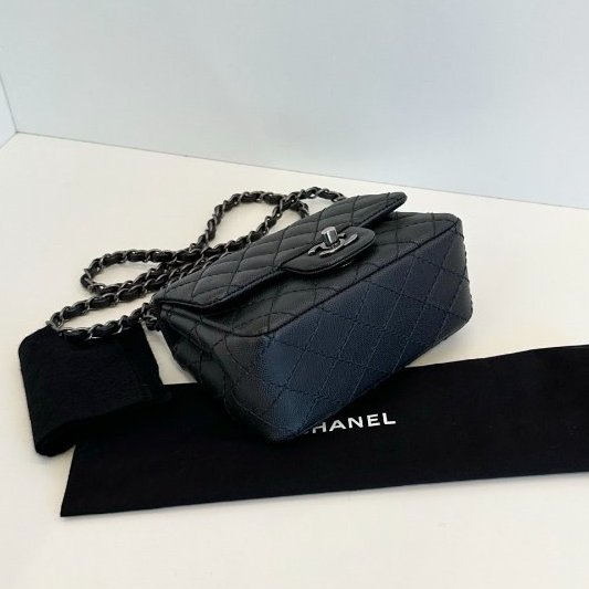 近新品 香奈兒/Chanel CF方胖子 荔枝皮 黑色銀扣鏈條包-7