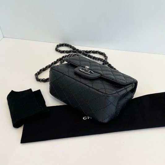 近新品 香奈兒/Chanel CF方胖子 荔枝皮 黑色銀扣鏈條包-8