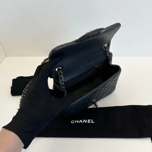 近新品 香奈兒/Chanel CF方胖子 荔枝皮 黑色銀扣鏈條包-9