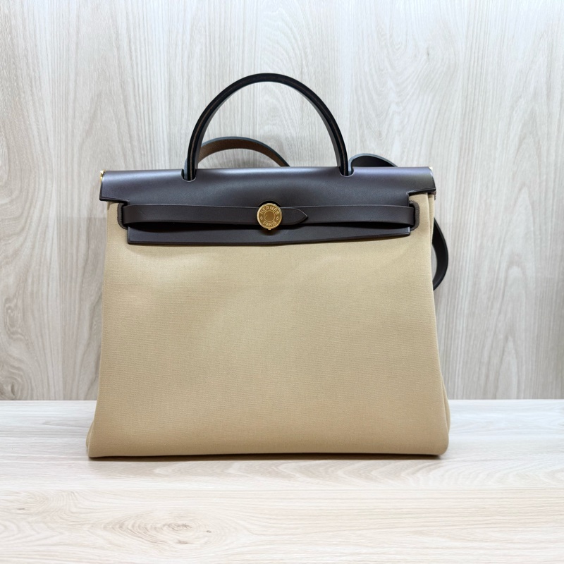 Hermes烏木色拚淺棕帆布Herbag31手提肩背包-1