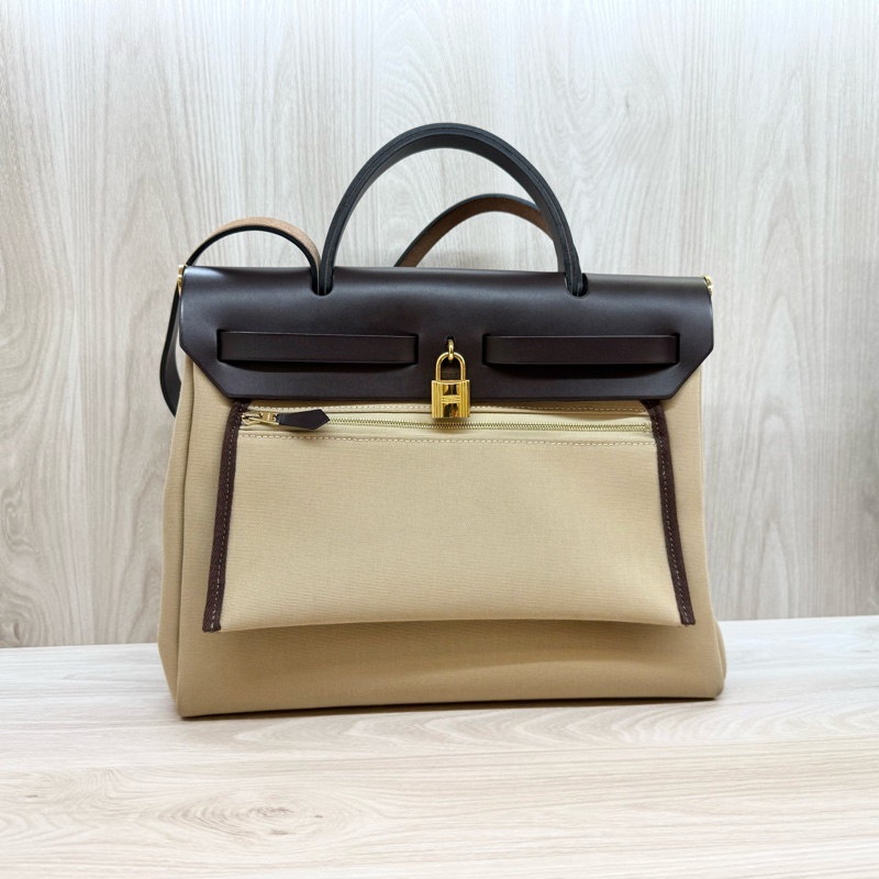 Hermes烏木色拚淺棕帆布Herbag31手提肩背包-2