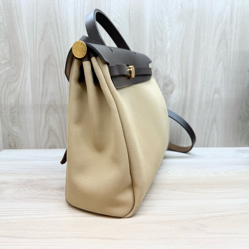 Hermes烏木色拚淺棕帆布Herbag31手提肩背包-3