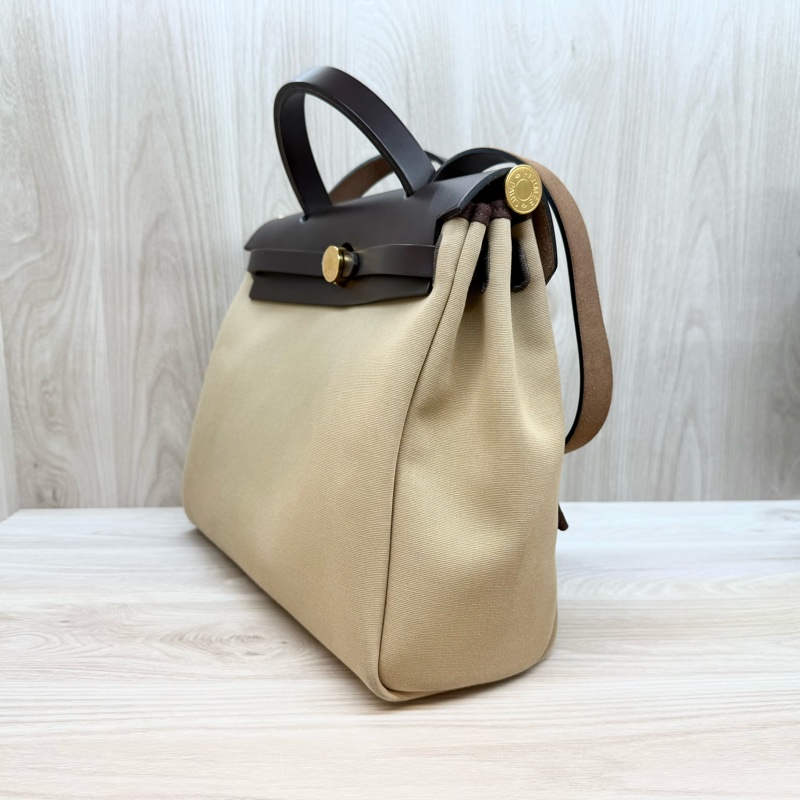 Hermes烏木色拚淺棕帆布Herbag31手提肩背包-4