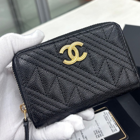99新Chanel 黑金荔枝牛皮零錢包，鐳射25開，附件卡、塵袋、盒