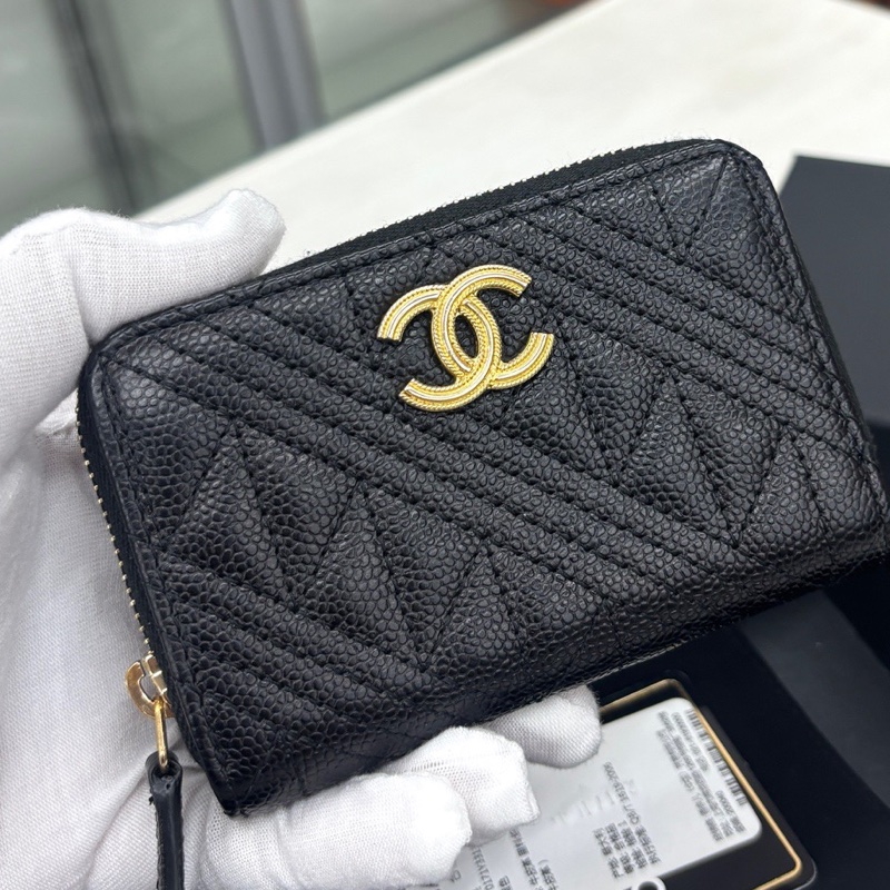 99新Chanel 黑金荔枝牛皮零錢包，鐳射25開，附件卡、塵袋、盒-0