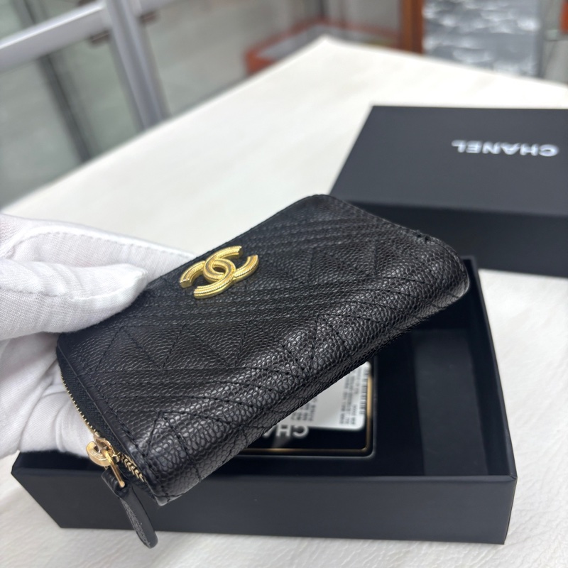 99新Chanel 黑金荔枝牛皮零錢包，鐳射25開，附件卡、塵袋、盒-2