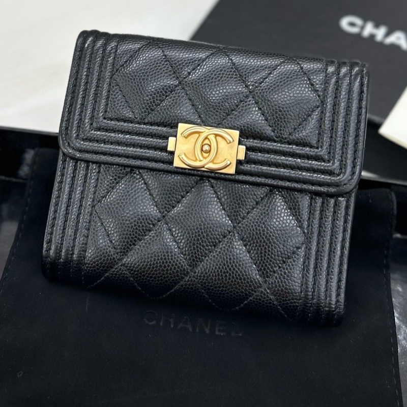 Chanel 黑金荔枝牛皮 leboy系列方錢包，鐳射25開無卡 附件塵袋、盒。-0