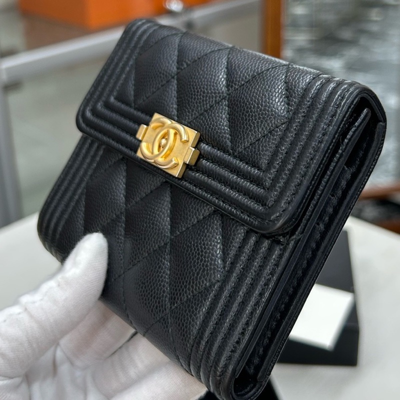 Chanel 黑金荔枝牛皮 leboy系列方錢包，鐳射25開無卡 附件塵袋、盒。-3