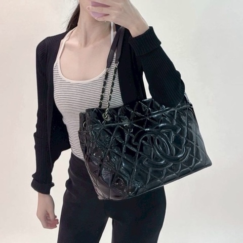 Chanel 漆皮黑色銀釦Gay肩背托特包
