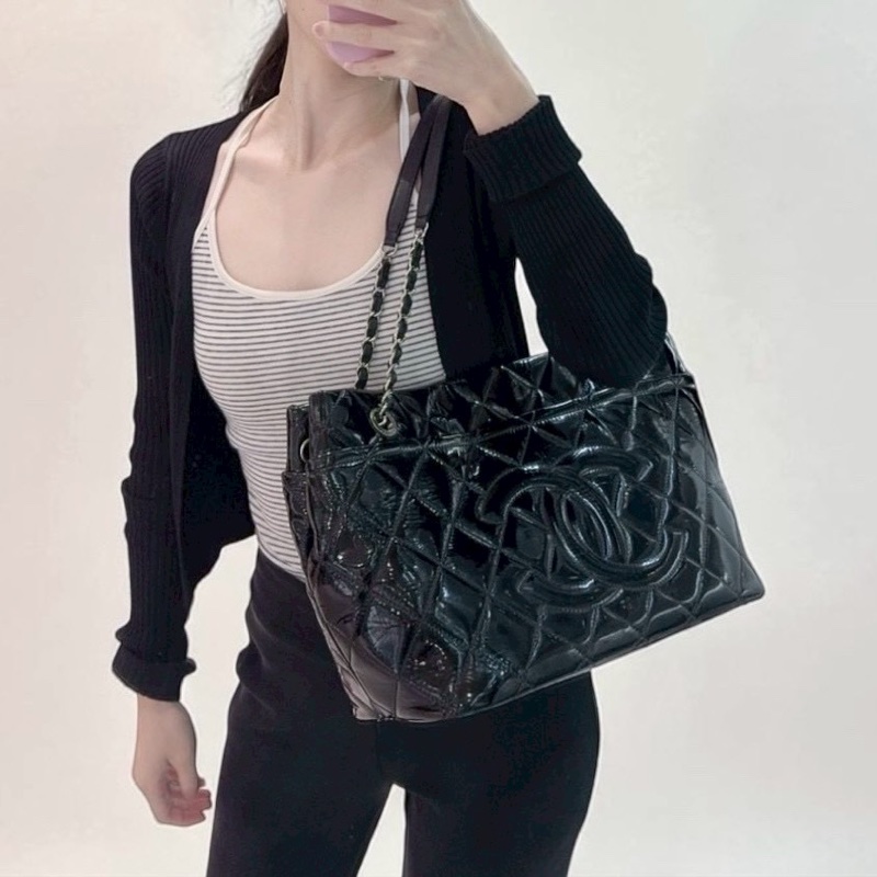 Chanel 漆皮黑色銀釦Gay肩背托特包-0