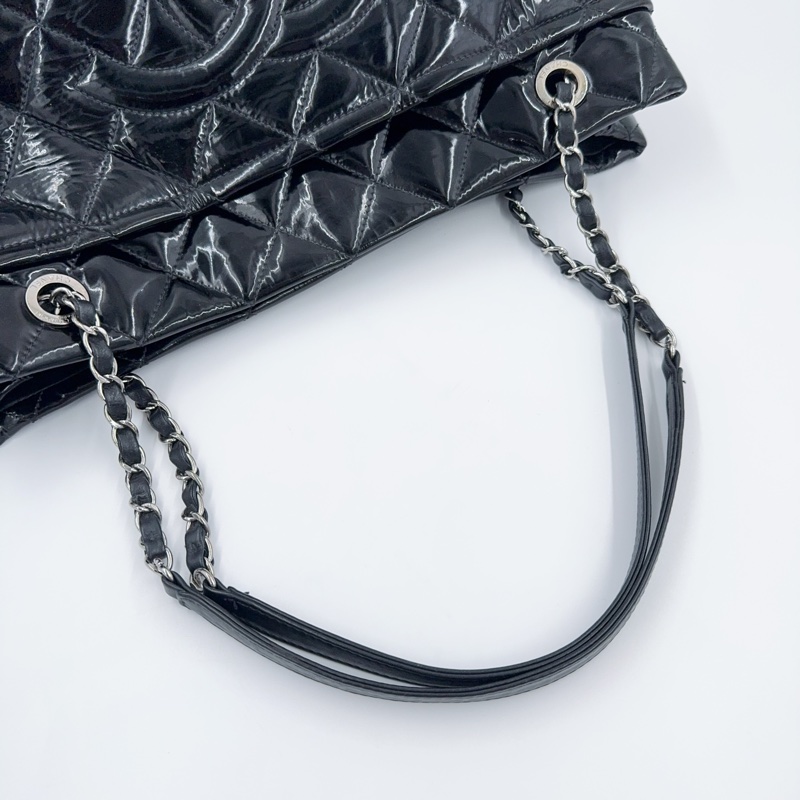 Chanel 漆皮黑色銀釦Gay肩背托特包-7