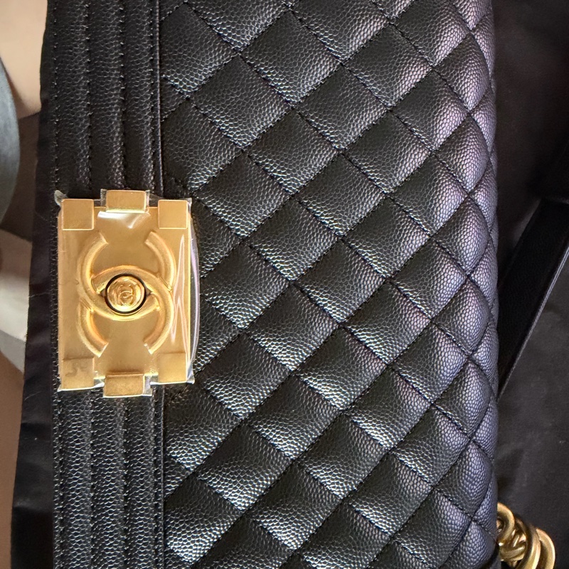 CHANEL香奈兒 黑金BOY 25cm 黑色 小牛皮 菱形紋 復古金鍊 斜背包-5