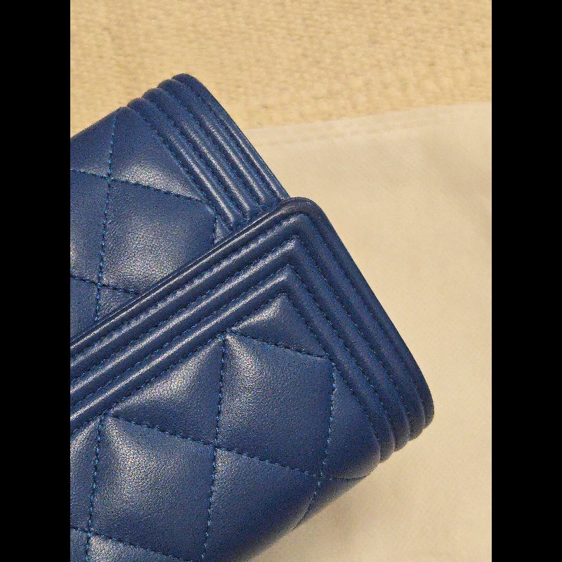Chanel 香奈兒 藍色 boy淡金釦發財長夾 掀蓋長夾-2