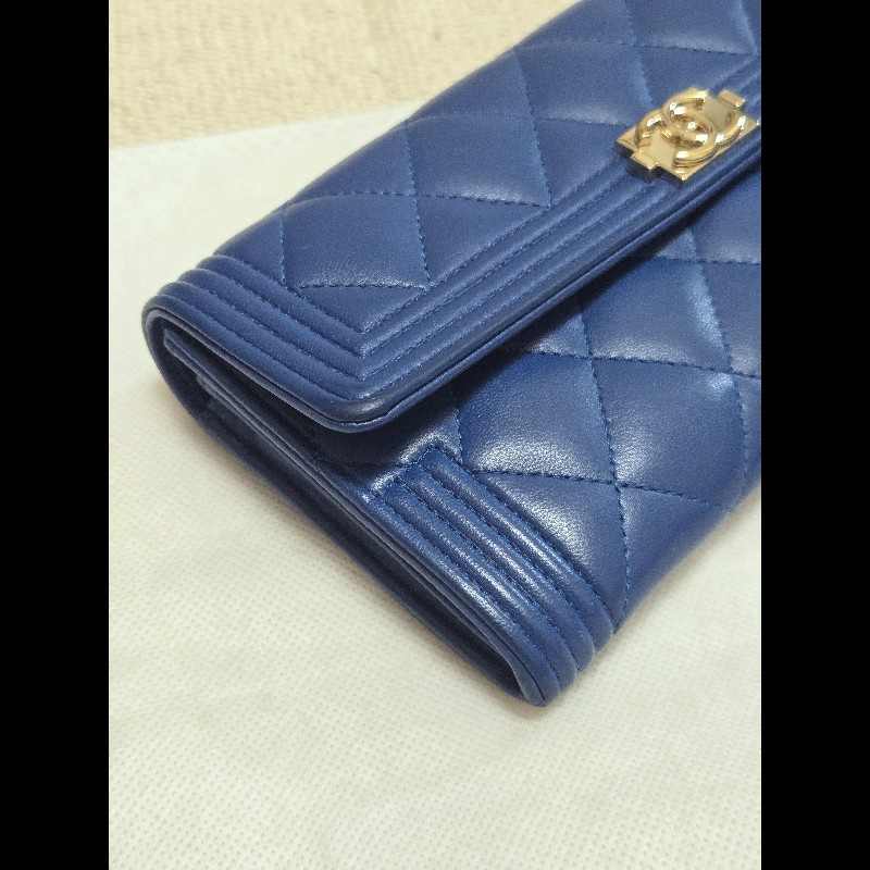 Chanel 香奈兒 藍色 boy淡金釦發財長夾 掀蓋長夾-4