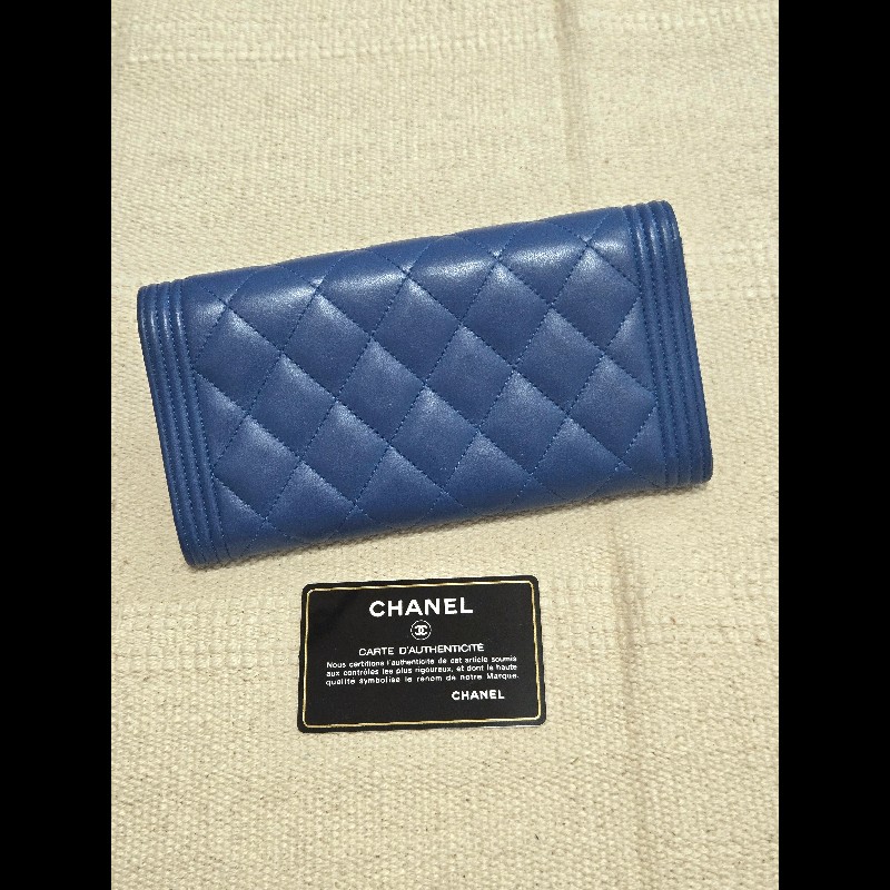 Chanel 香奈兒 藍色 boy淡金釦發財長夾 掀蓋長夾-6