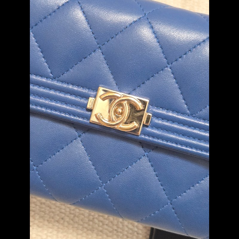 Chanel 香奈兒 藍色 boy淡金釦發財長夾 掀蓋長夾-14