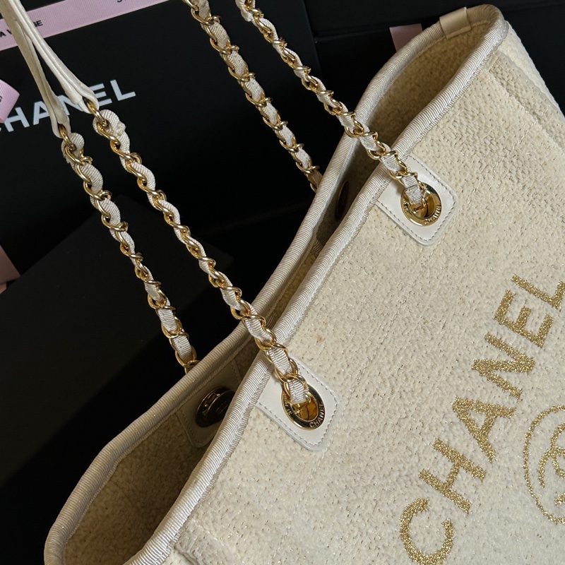 香奈兒/Chanel 米色金扣毛呢沙灘包托特-4