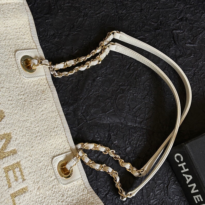 香奈兒/Chanel 米色金扣毛呢沙灘包托特-7