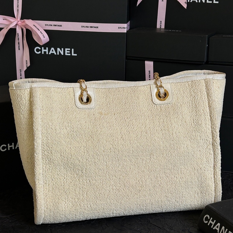 香奈兒/Chanel 米色金扣毛呢沙灘包托特-10