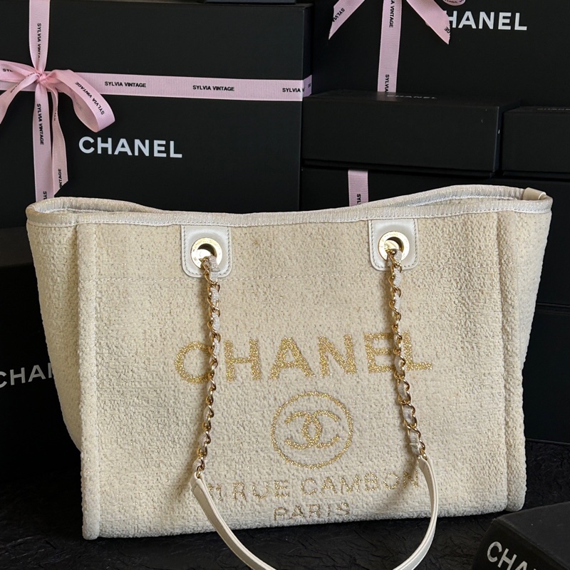 香奈兒/Chanel 米色金扣毛呢沙灘包托特-15