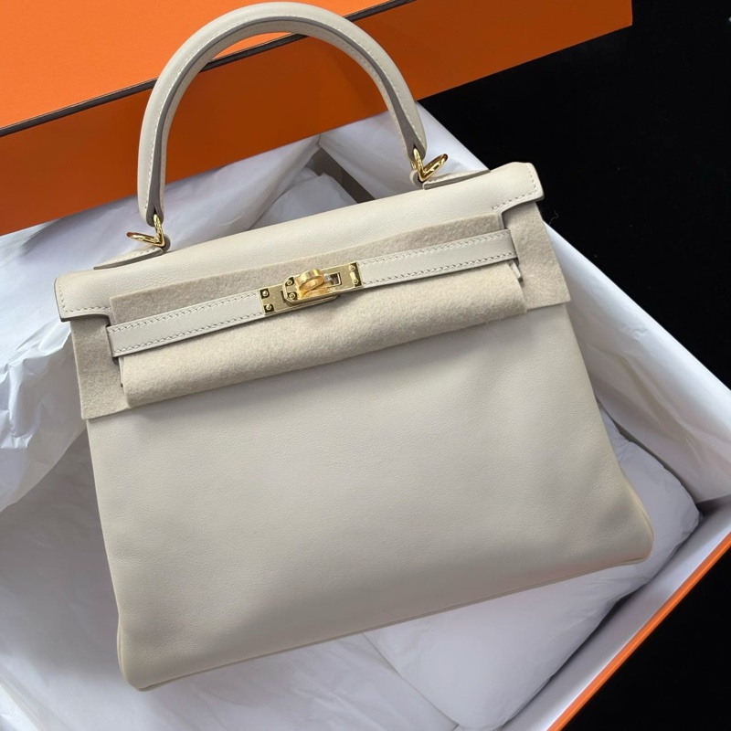 Hermes Kelly25奶昔白金扣 swift 鎖具肩帶塵袋-0