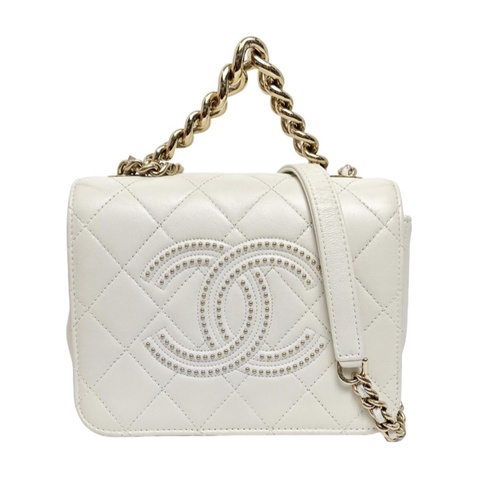 Chanel 白色羊皮菱格纹镶嵌单肩包手提包 金色五金
