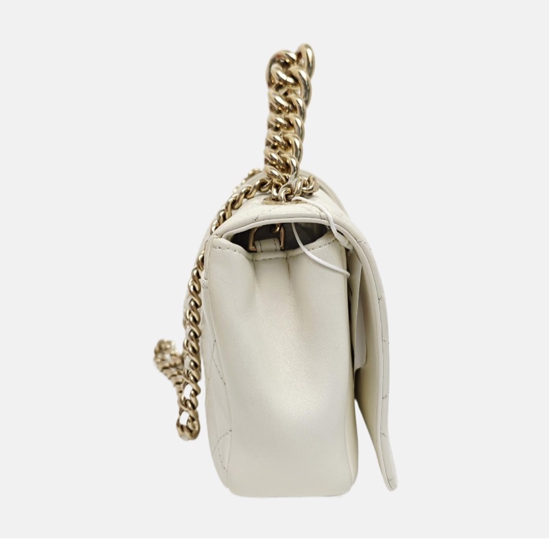 Chanel 白色羊皮菱格纹镶嵌单肩包手提包 金色五金-3