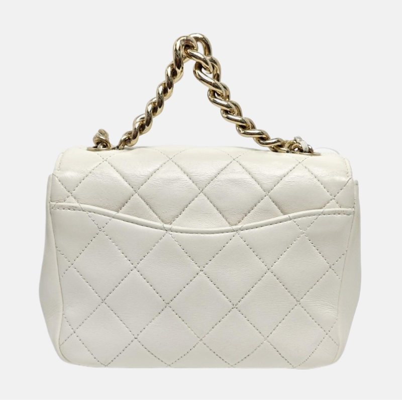 Chanel 白色羊皮菱格纹镶嵌单肩包手提包 金色五金-4