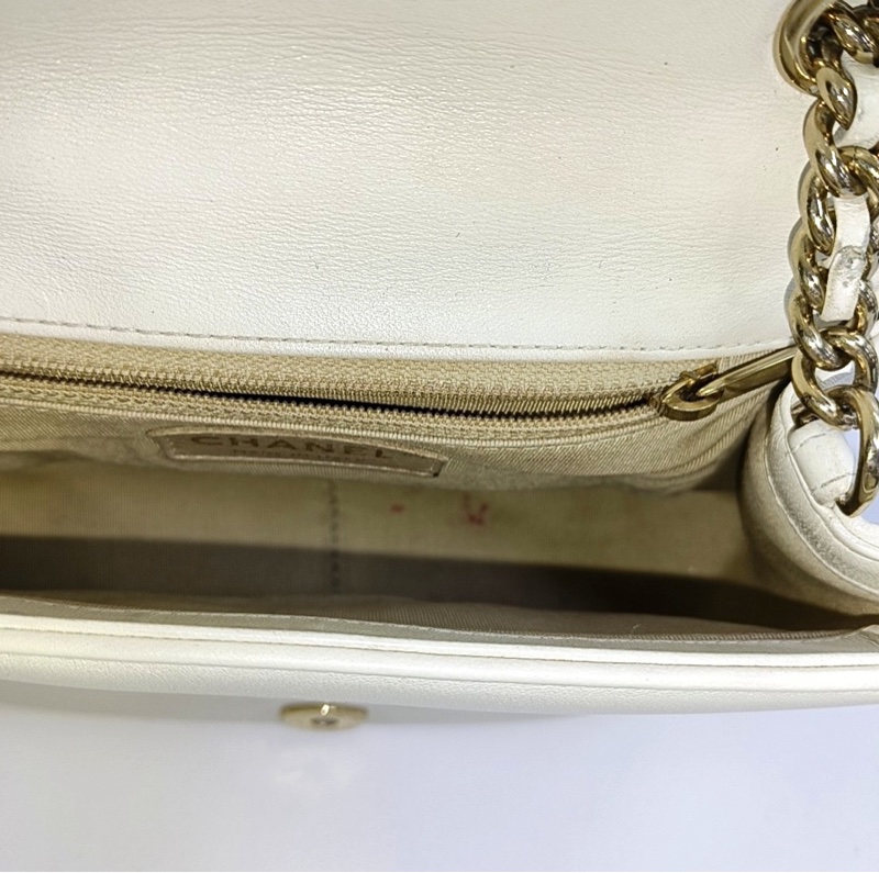 Chanel 白色羊皮菱格纹镶嵌单肩包手提包 金色五金-6